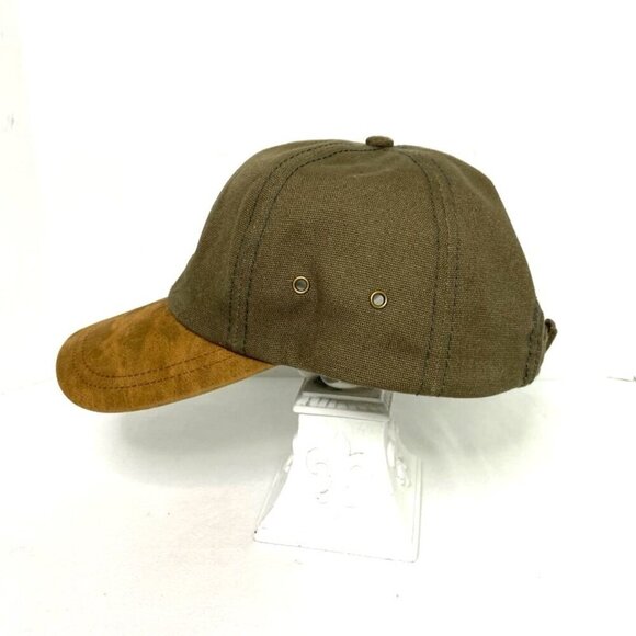 Army Green & Tan Faux Leather Baseball Hat Heavy Canvas Neutral Minimalist - Picture 2 of 6